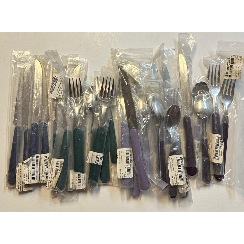 Vtg Nancy Calhoun MCM Stainless Plastic Handle Flatware 28 PCS Purples NEW NOS